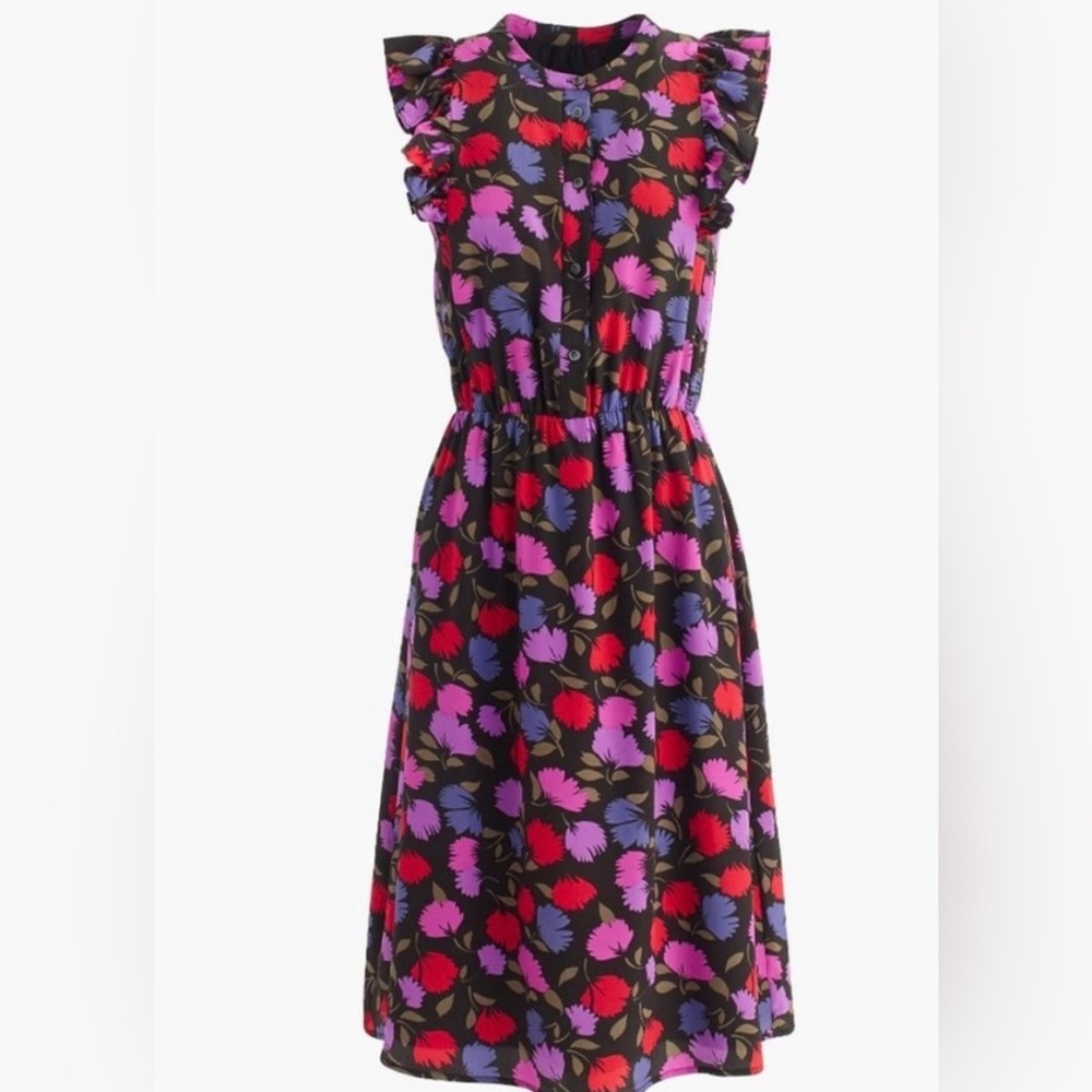 J Crew Pansy Printed Floral Silk Ruffle Cap Sleeve Knee Length Dress
